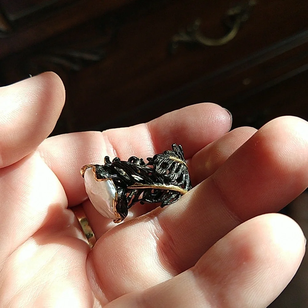 14k gold dipped 925 sterling silver oxidized coin pearl amethyst blue topaz ring - Picture 4 of 13